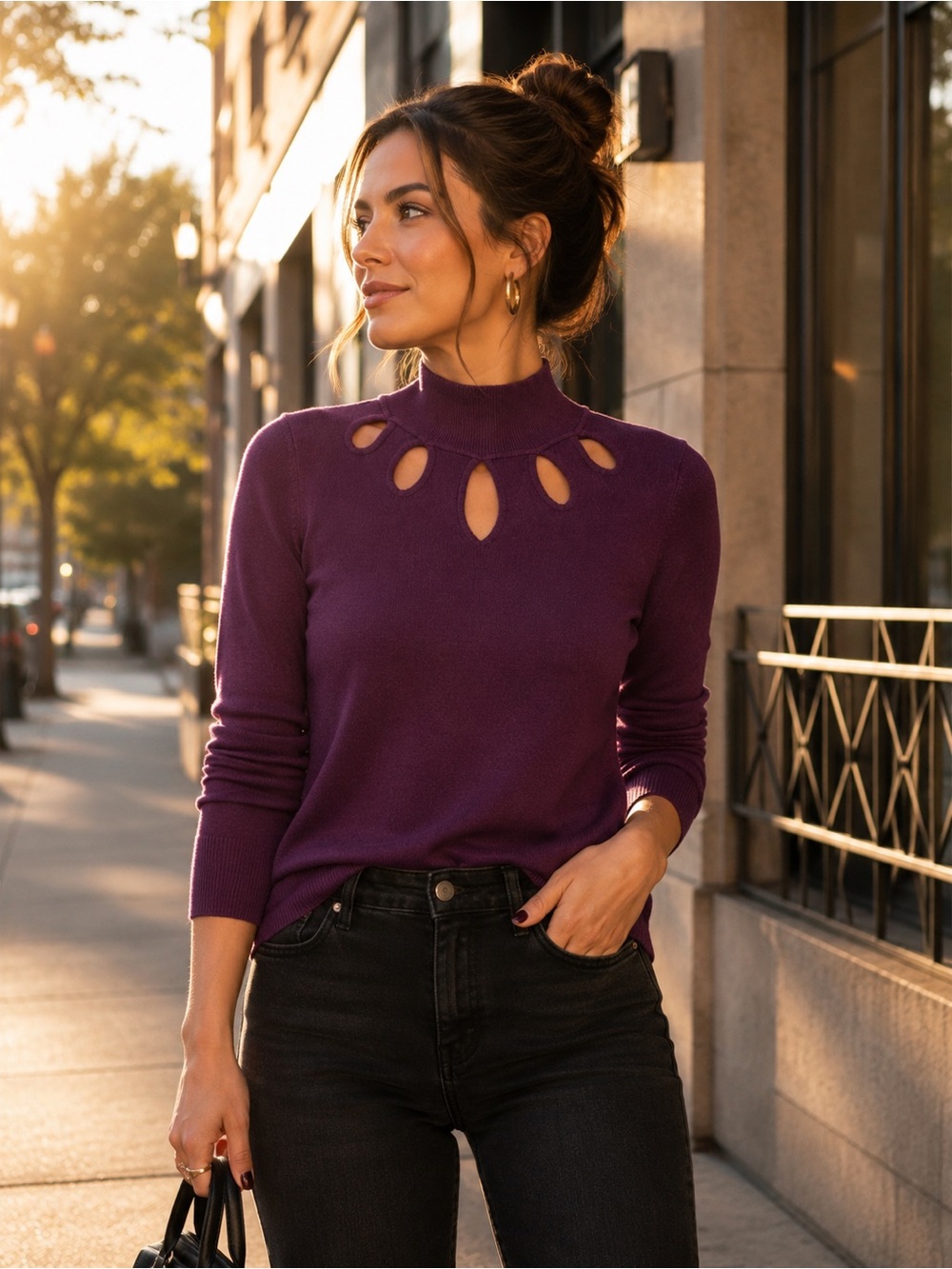 Cable & Gauge Plum Cutout Mock Neck Sweater Small Lightweight Knit Top